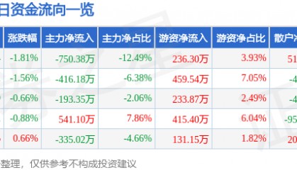 股票行情快报：长源电力（000966）1月10日主力资金净卖出750.38万元