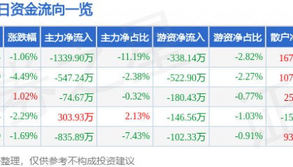 股票行情快报：南京新百（600682）1月6日主力资金净卖出1339.90万元