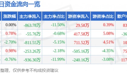 股票行情快报：大连电瓷（002606）3月11日主力资金净卖出863.78万元