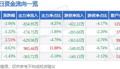 股票行情快报：长源电力（000966）12月31日主力资金净卖出834.95万元