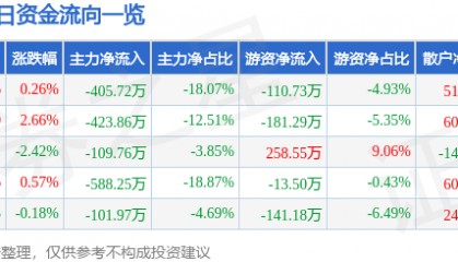 股票行情快报：乐惠国际（603076）2月20日主力资金净卖出405.72万元