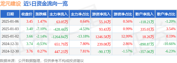 股票行情快报：龙元建设（600491）1月6日主力资金净买入63.05万元