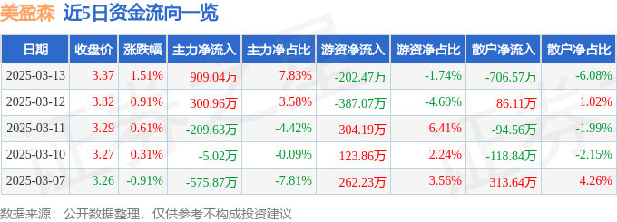 股票行情快报：美盈森（002303）3月13日主力资金净买入909.04万元