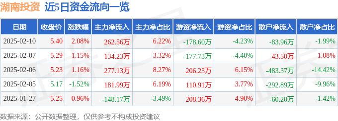 股票行情快报：湖南投资（000548）2月10日主力资金净买入262.56万元