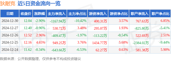 股票行情快报：狄耐克（300884）12月30日主力资金净卖出1167.94万元