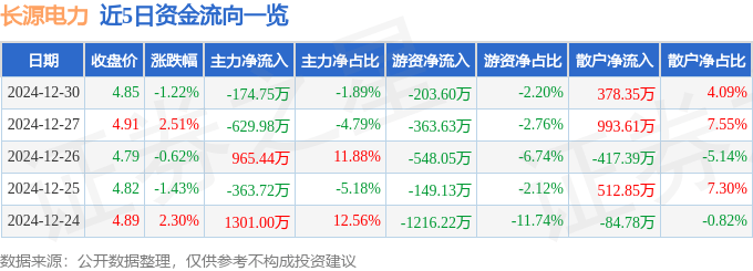 股票行情快报：长源电力（000966）12月30日主力资金净卖出174.75万元