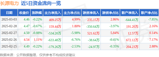 股票行情快报：长源电力（000966）3月3日主力资金净买入409.25万元