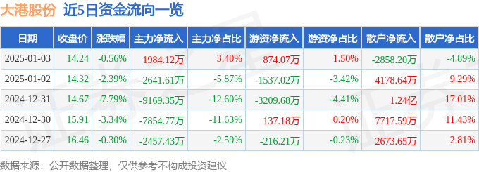 股票行情快报：大港股份（002077）1月3日主力资金净买入1984.12万元