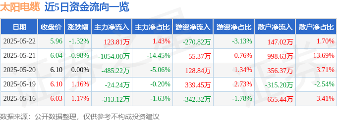 股票行情快报：太阳电缆（002300）5月22日主力资金净买入123.81万元
