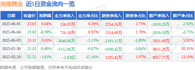 股票行情快报：湖南黄金（002155）6月5日主力资金净买入156.03万元